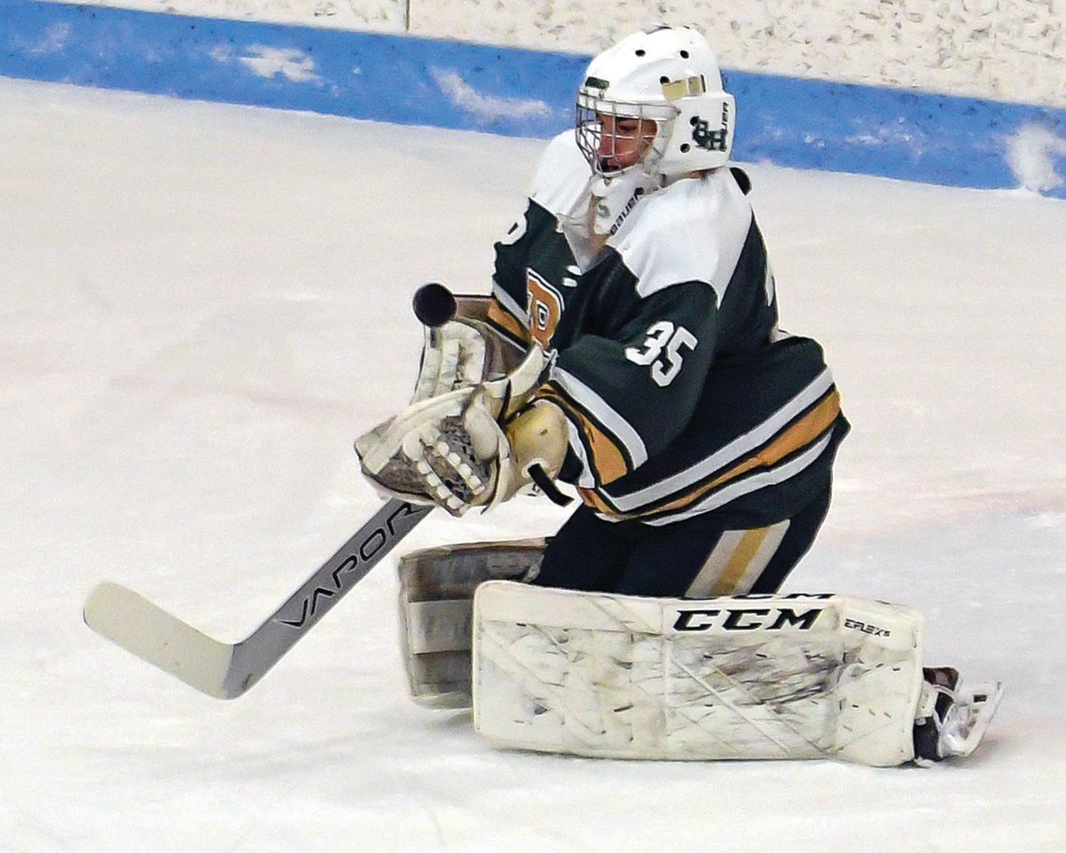 IN NET: Bishop Hendricken
goalie Andrew Carr makes
a save against Mount St.
Charles in Game 2 of the
Division I Quarterfinals last
week at Thayer Arena. The
Hawks rolled to two straight
wins to punch their ticket
to the semis against topseeded
La Salle Academy.